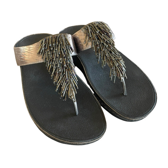 FITFLOP Womens US 10/EU 42 Beaded Pewter Slip-On Comfort Flip Flop Thong Sandals - Picture 1 of 7